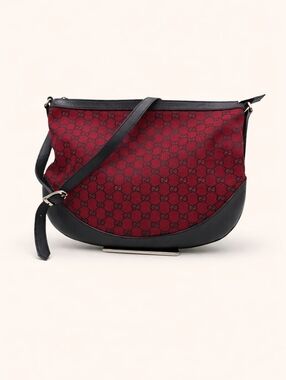 Authentic Gucci GG Canvas Crossbody Red/Black Monogram Leather Trim Shoulder Bag